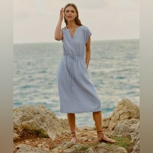 NWT Pact Organic Cornflower Blue Coastal Double Gauze Tie Waist Midi Dress